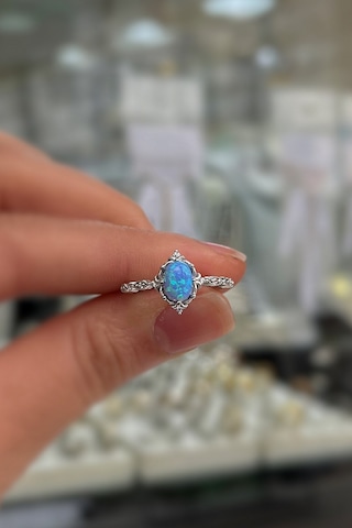 925 Ayar Gümüş Oval Mavi Opal Taşlı Vintage Yüzük Gümüş