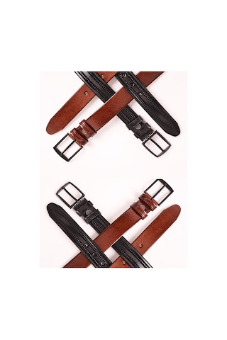 Hakiki Deri Köseli Erkek Kemeri 3.2 CM Kahverengi ve Siyah Kahverengi - Siyah