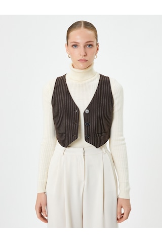 Koton Crop Yelek Düğmeli Mini Cepli Ekru Çizgili 4wak10238ek Ekru Çizgili