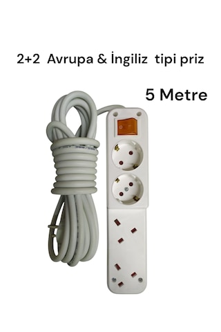 4'lü 5 Metre Anahtarlı 2+2 Avrupa + İngiliz Tipi Grup Priz