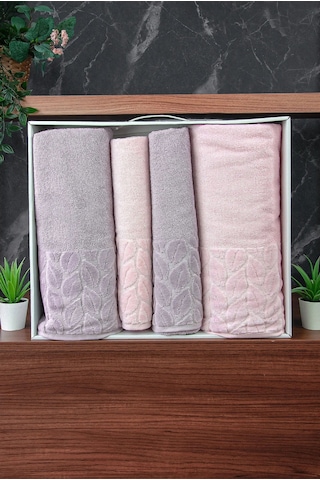 Hazal %100 Pamuklu Kutulu 4'lü Banyo Havlu Seti Hamam Takımı 50x90 - 90x150 Gri-pudra - 00081 Gri