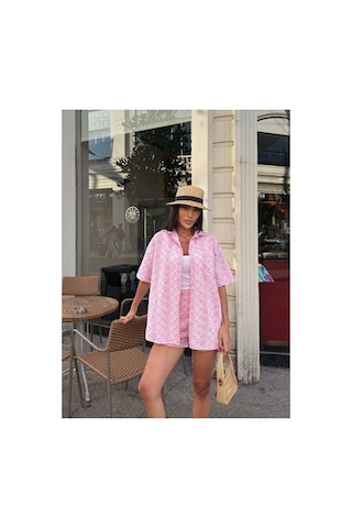 Nido Moda Kadın Oversize Fisto Gömlek Ve Beli Lastikli Şort İkili Takım Pembe