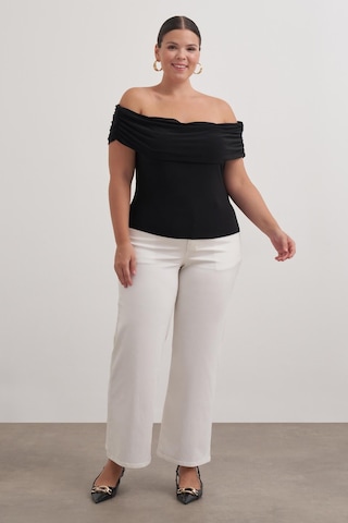 Açık Omuzlu Büzgülü Bluz-1842 Siyah
