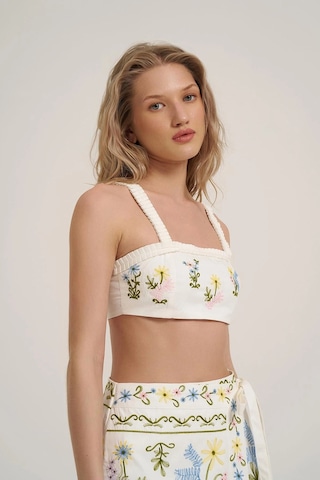 Ollacollection Nakış Detaylı Crop Bluz Ekru