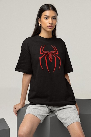 Havalı Spider-man Logo Baskılı Unisex Oversize Tişört Siyah