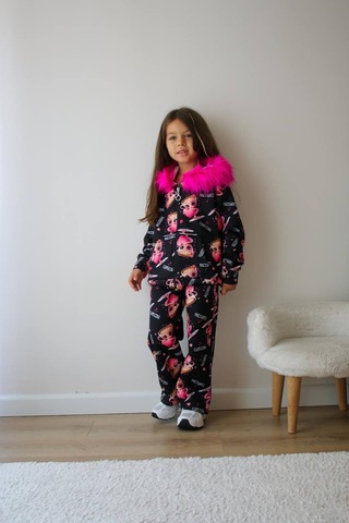 Kız Çocuk Peluş Kapüşonlu Alt Üst Sportif Eşofman Takımı Fermuar Kapamalı Pembe