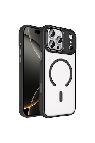 Techaks Apple Uyumlu iPhone 17 Pro Max Kılıf Wireless Şarj Özellikli Zore Krom M-safe Silikon Kapak - Siyah Siyah