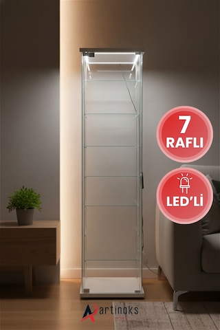 7 Raflı Ledli Cam Vitrin Dolap Gümüşlük Koleksiyon Sergi Kitaplık Kapaklı Büfe Mutfak Raflı Detolf Beyaz