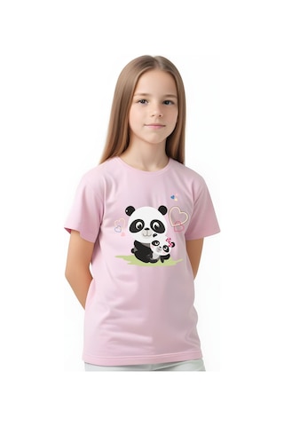 Panios Kids Mother Panda Baskılı Kız Çocuk Kısa Kollu T-shirt Açık Pembe