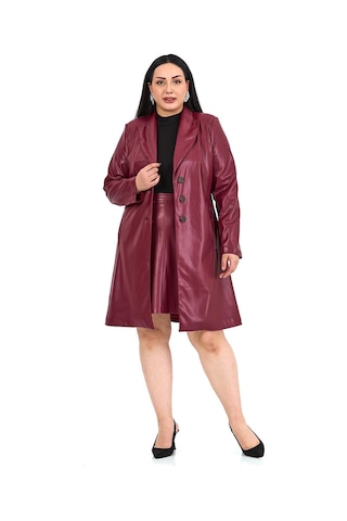 Büyük Beden Cepli Düğme Kapamalı Astarlı Suni Deri Bordo Kaban Bordo