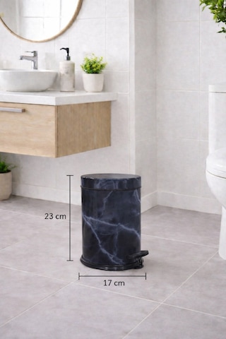 Lacivert Mermer Desenli 2'li Banyo Seti - Metal Çöp Kovası 3 Lt Ve Wc Fırçası Takımı Lacivert