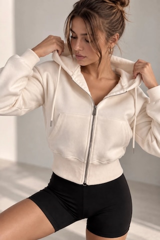 Bb Butik Basic Kapüşonlu Fermuarlı Kısa Kadın Sweatshirt Günlük Basic Model My3535 Ekru