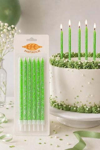 Yeşil Gümüş Simli Uzun Pasta Mumu 17 Cm Karışık