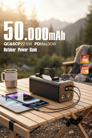 50000mah Powerbank 30w Pd 22.5w Qc Hızlı Şarj Dahili Usb-c Lightning Kablolu Led Fenerli Taşınabilir Şarj Cihazı