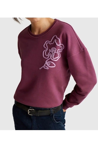 Diagonel Kumaş Çiçek İşlemeli Sweatshirt Gülkurusu Bordo