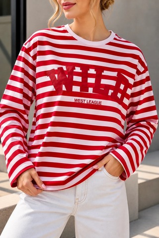 Bbbutikbasic Wild Baskılı Çizgili Uzun Kollu Kadın Sweatshirt My3535 Kırmızı