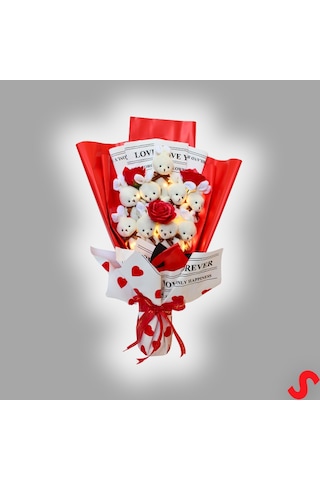 9 Beyaz Pelüş Tavşanlı Led Işıklı Kırmızı Buket, 65cm X 45cm