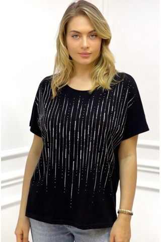 Rich Glam Bol Kesim Bisiklet Yaka Büyük Beden Crystal Taşlı Kadın T-shirt