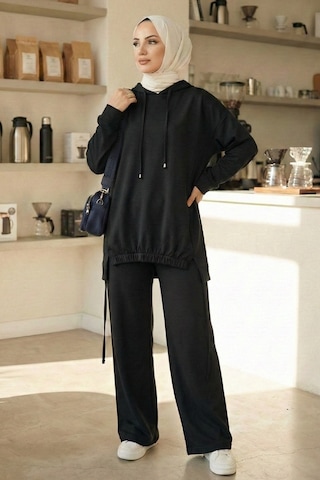 Bestenur Kapüşonlu Tunik Pantolon Takım 1682 - Siyah Siyah