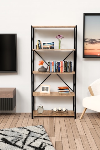 5 Geniş Raflı Kitaplık Metal Çerçeveli Modern Raf Çalışma Odası Ofis Salon Kitaplığı Evrak Rafı Atlantik Çam