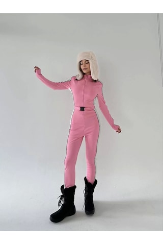 Kemer Detaylı Fermuarlı Tulum - Pembe Pembe