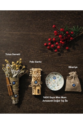 Yeni Yıl Nazar&korunma Ritüeli Seti-palo Santo-üzerlik-adaçayı Tütsüsü & Amazonit %100 Soya Wax Mum Beyaz