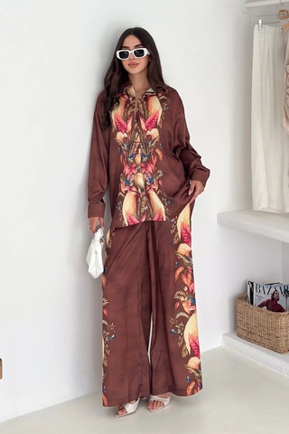 Saten Kumaş Desenli Takım Kahverengi Kahverengi