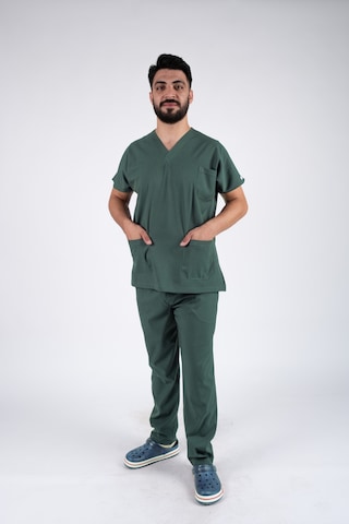 Likralı Avcı Yeşil Erkek Hemşire Ve Doktor Forması Takımı Scrubs Hastane Üniforması