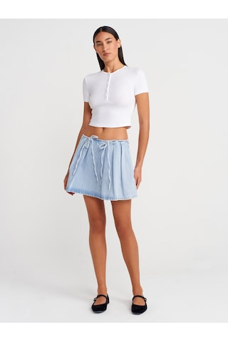 Dilvin 80585 %100 Pamuk Önü Fiyonklu Mini Denim Etek-mavi