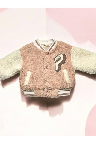 Kız Bebek Nakışlı Peluş Mont-14880 Pudra