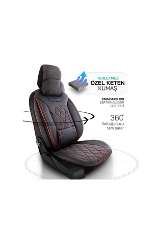 Panda Marmaris Serisi Keten Kumaş Oto Koltuk Kılıfı - Siyah - Kırmızı