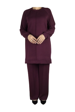 Kadın Tunik Önü Dikişli Altı Bantlı Pantolon Beli Lastikli Önü Dikişli İkili Takım Bordo