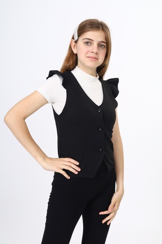 Toontoy Kids Toontoy Kız Çocuk Fırfır Detaylı Düğmeli V Yaka Blazer Okul Yeleği - Astarsız Siyah