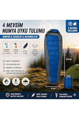 4 Mevsim Mumya Tip Uyku Tulumu -10 C Konforlu Kamp Uyku Tulumu Yıkanabilir Mavi
