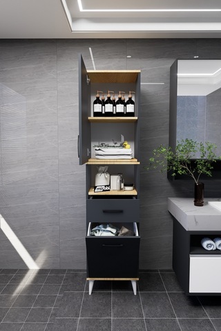 Lula Çok Amaçlı Dolap Banyo Dolabı Kirli Çamaşır Sepeti Dolabı Antrasit Antrasit