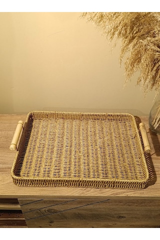 Hasır Rattan Sunum Tepsi Geniş Organizer Bambu Kulplu Dikdörtgen Diğer
