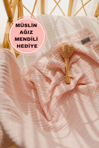 Zeypba % 100 Pamuk 4 Katlı Müslin Örtü Pudra 110x110 CM Bebek & Çocuk İçin Püsküllü