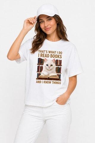 Bayloranzzo The Reader Cat %100 Pamuk Heavy Cotton Premium Kalite Kadın Tişört Beyaz