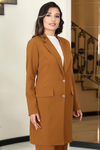 Parla Uzun Ceket Pantolon İkili Tesettür Takım Taba Taba