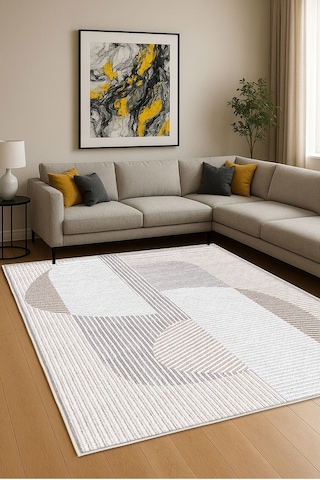 Krem Dijital Baskı Halı Kaymaz Tabanlı Yıkanabilir Halı Yolluk Salon Halısı129