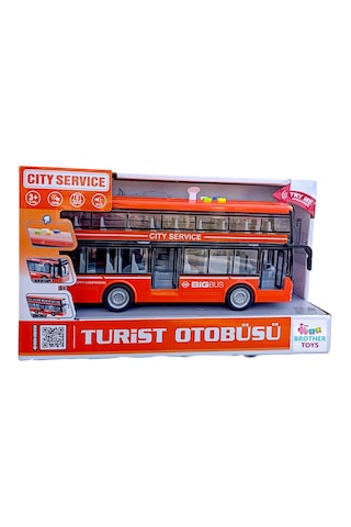 Turist Gezi Otobüs 2 İki Katlı Ön Ve Orta Kapısı Açılabilen Oyuncak Sesli Işıklı Şehir Otobüsü 27 Cm Turuncu