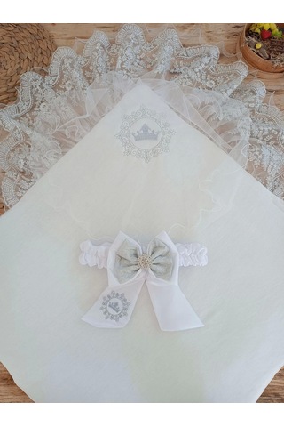 Yenidoğan Titi Taç Nakışlı Plazma Taşlı Güpürlü Çift Fiyonk Duvaklı Trilüks Kundak Bebek Battaniyesi Gümüş