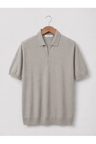 Yarım Fermuarlı Premium Polo Yaka Triko Tişört - Pamuk & Tensel Camel Yarım Fermuarlı Premium Polo Yaka Triko Tişört - Pamuk & Tensel Camel
