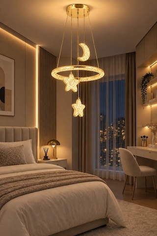 Modern Premium Gold Ay Yıldız 3 Renkli Ledli Sarkıt Avizesi Çocuk Genç Bebek Odası Modelleri 84w Beyaz