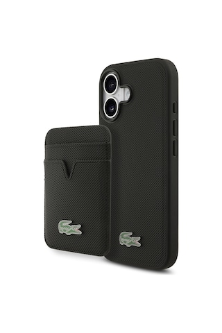Apple Uyumlu iPhone 17 Kılıf Lacoste Lisanslı M-safe Özellikli Pu Pike Desenli Metal Logolu Kartlıklı Kapak Siyah Siyah