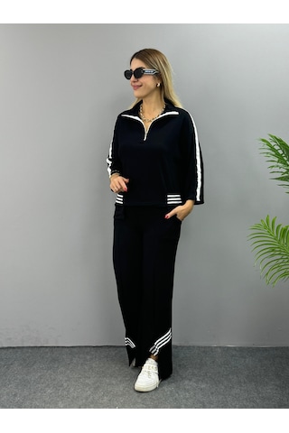 The İstanbul Kadın Polo Yaka Paça Yırtmaçlı Ribanalı İkili Takım Siyah