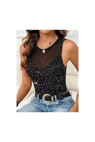 Butik İstanbul Kadın Sıfır Kollu Tül Ve Taş Detaylı Dalgıç Bluz Siyah