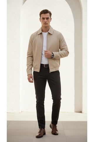 Plus Scorpion Slim Fit Fitilli Dokulu Erkek Fermuarlı Mont Ceket Günlük Şık Kombin Bej