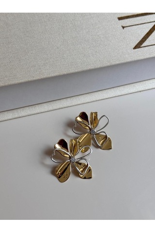 Altın Ve Gümüş Renk Çiçek Formlu Küpe Zarif Kadın Takı Modeli Altın