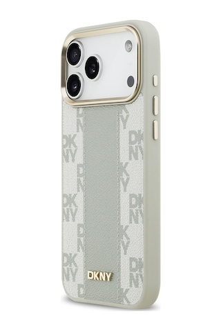 Apple Uyumlu iPhone 17 Pro Max Kılıf Dkny Lisanslı M-safeli 3d Yazılı Checkered Pattern Kapak Bej Bej